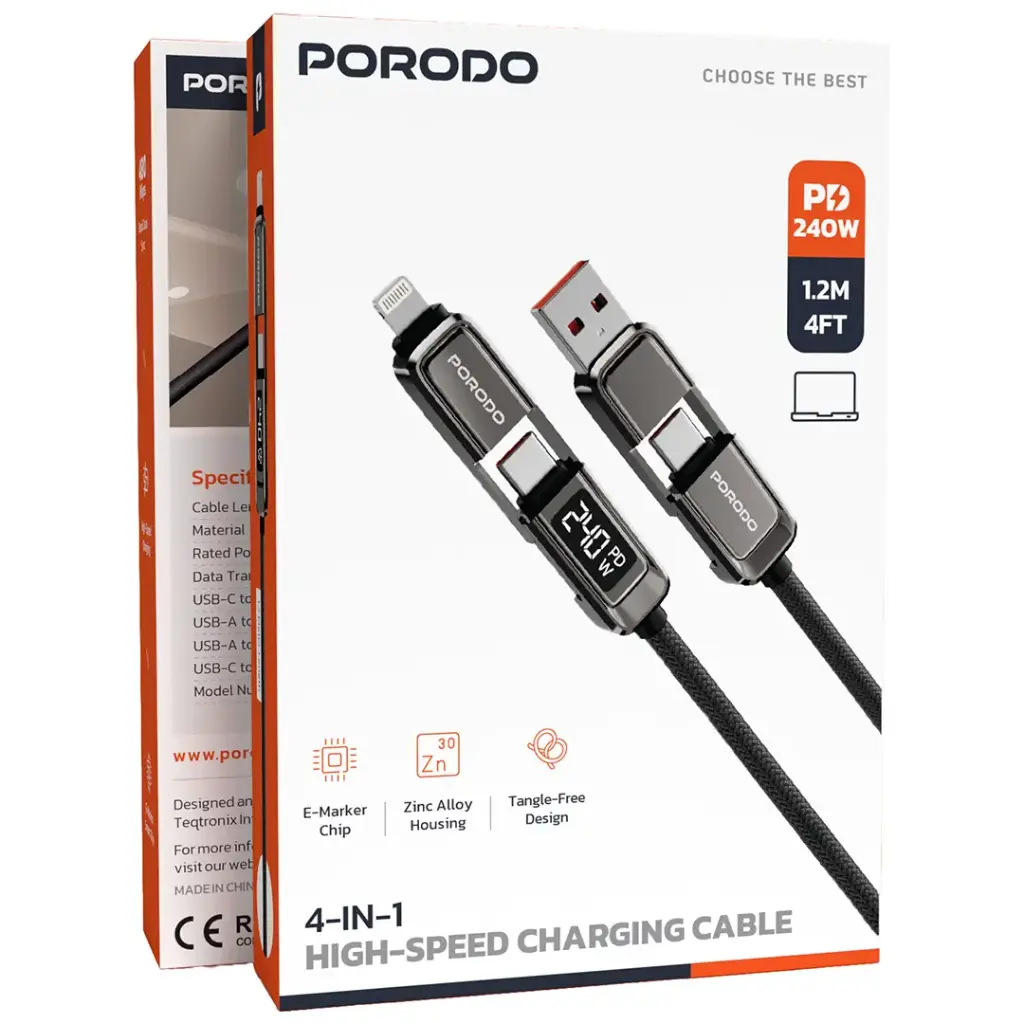 Porodo 4-In-1 High-Speed Charging Cable - Grey