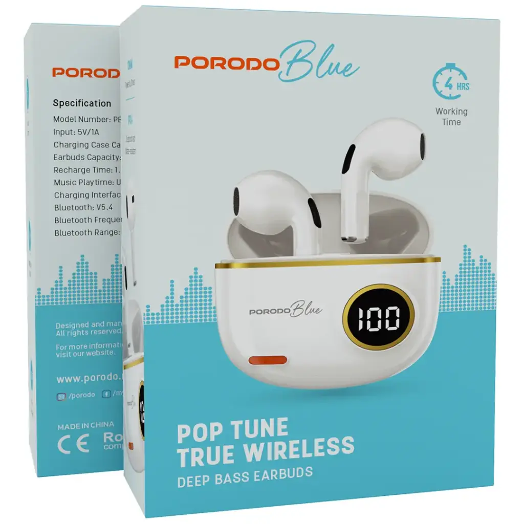 Porodo Blue Pop Tune True Wireless Deep Bass Earbuds - White