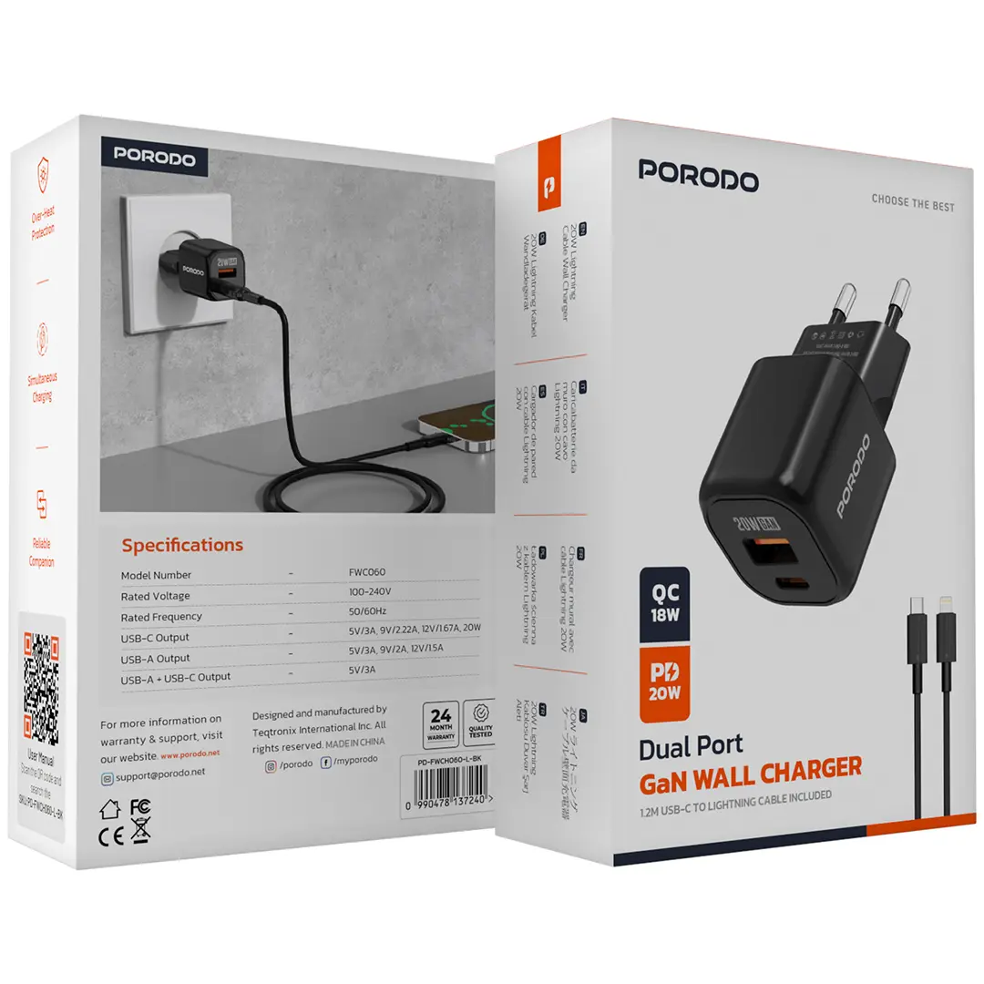 Porodo Dual Port Wall Charger - Black
