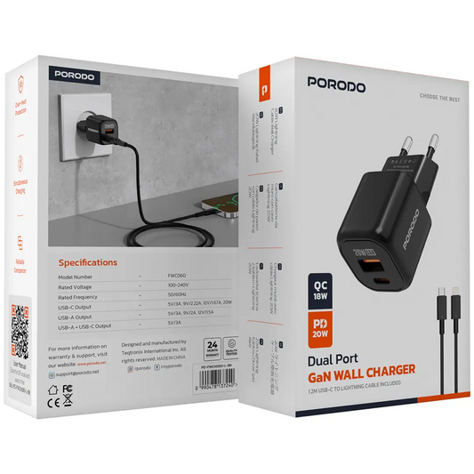 Porodo Dual Port Wall Charger - Black