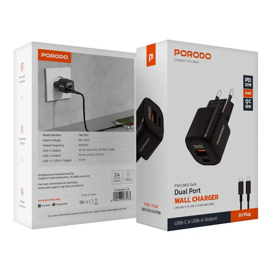 Porodo Dual Port Wall Charger - Black