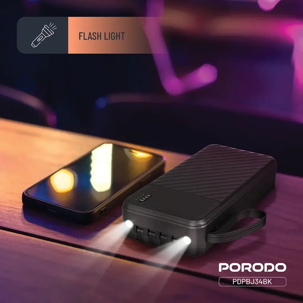 Porodo Piano 20000mAh Power Bank with Integrated Cables - Black