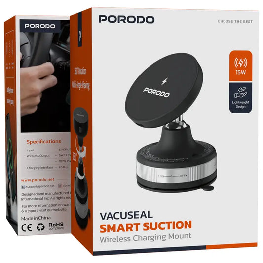 Porodo Vacuseal Smart Suction Wireless Charging Mount - Black