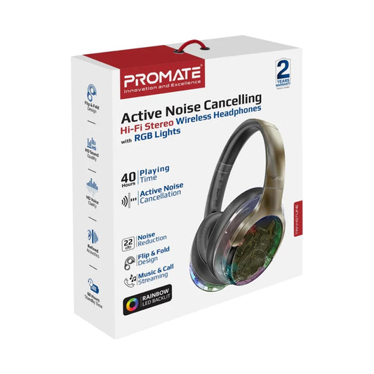 PROMATE WIRELESS HEADPHONES WITH RGB LIGHTS&NOISE-CANCELLING
