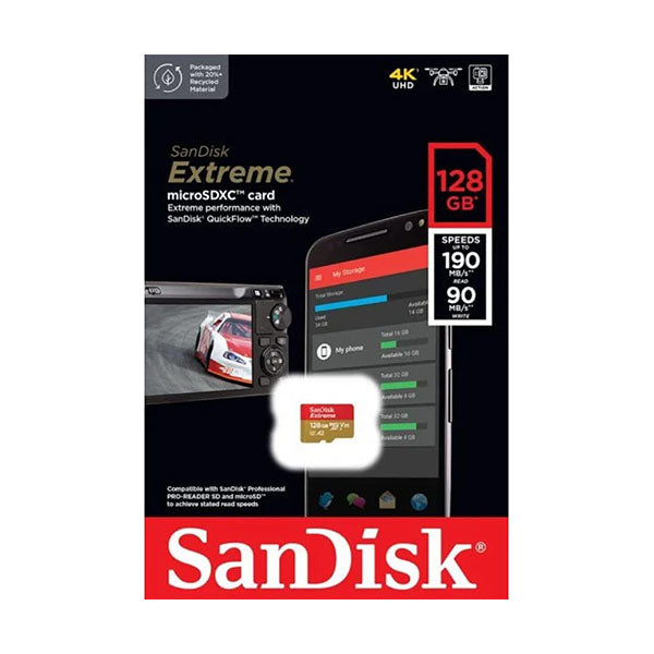 SanDisk 128GB Extreme microSD UHS I Card for 4K Video on Smartphones, Action Cams & Drones 190MB/s Read, 90MB/s Write - SDSQXAA-128-GN6MN