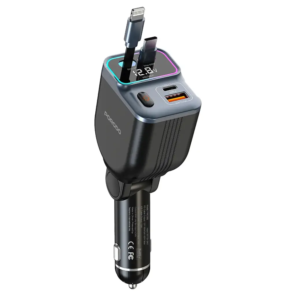 Porodo 65W Car Charger Dual Retractable Cable - Black