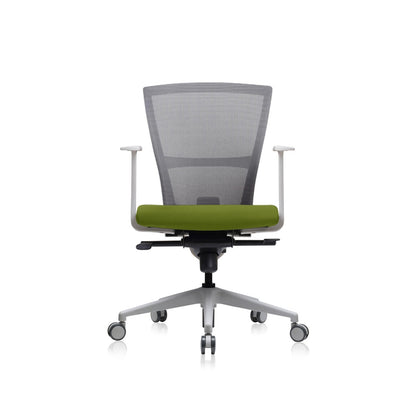 E1 Office Chair+Fixed Arms White/Green Fabric Seat