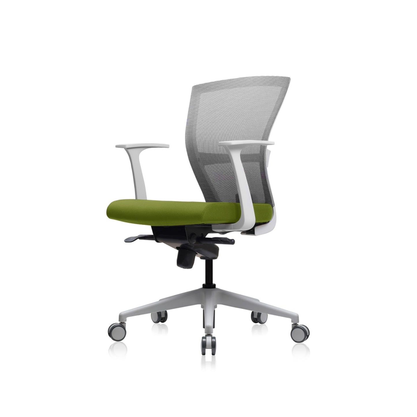 E1 Office Chair+Fixed Arms White/Green Fabric Seat