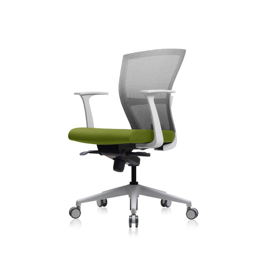 E1 Office Chair+Fixed Arms White/Green Fabric Seat