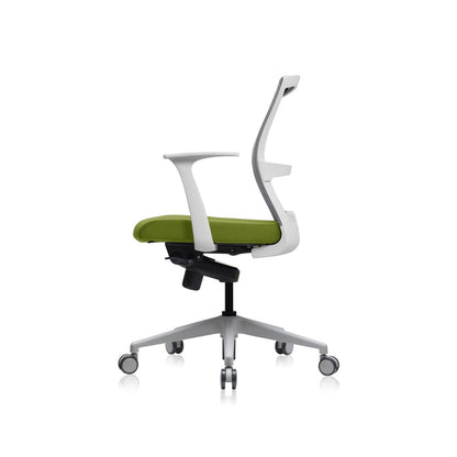 E1 Office Chair+Fixed Arms White/Green Fabric Seat