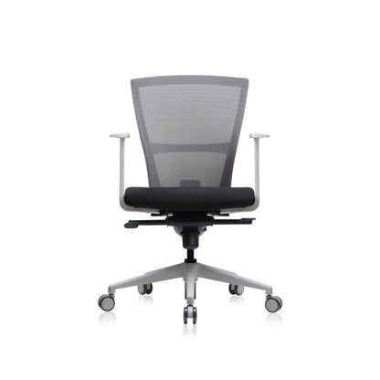 E1 Office Chair+Fixed Arms White/Grey Fabric Seat