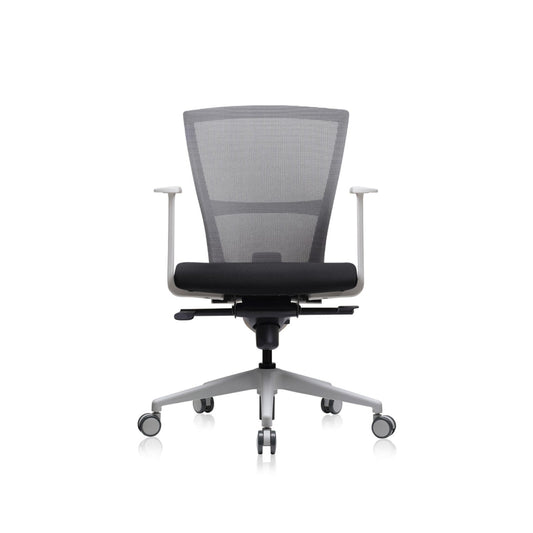 E1 Office Chair+Fixed Arms White/Grey Fabric Seat
