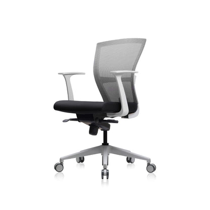 E1 Office Chair+Fixed Arms White/Grey Fabric Seat