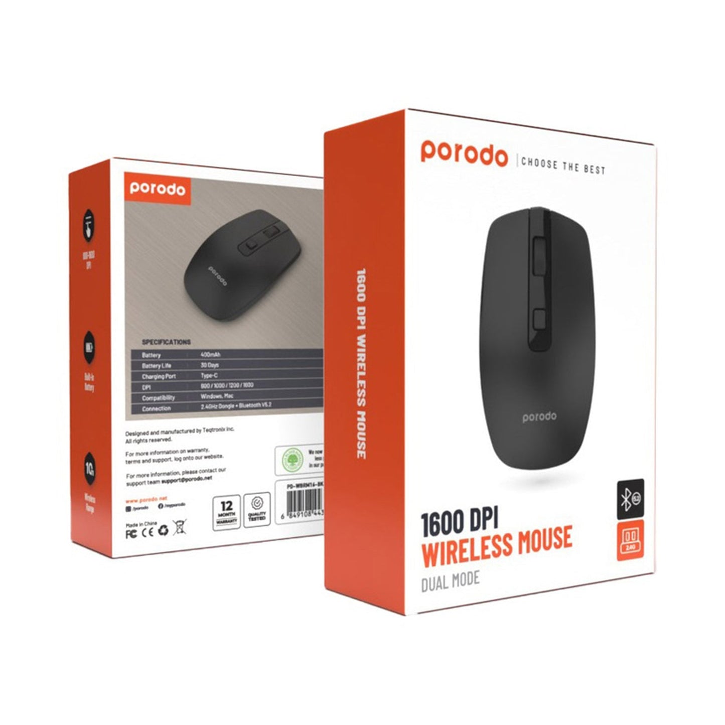 PORODO Wireless and Bluetooth Rechargeable Mouse - Black