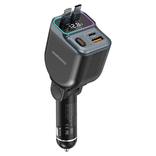 Porodo 65W Car Charger Dual Retractable Cable - Black