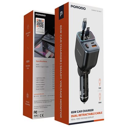 Porodo 65W Car Charger Dual Retractable Cable - Black
