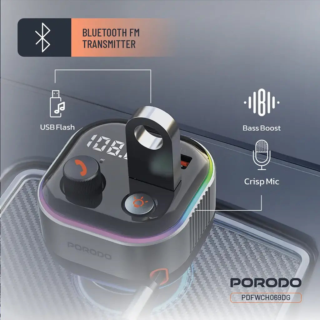 Porodo Audio Boost Bluetooth FM Transmitter - Dark Gray