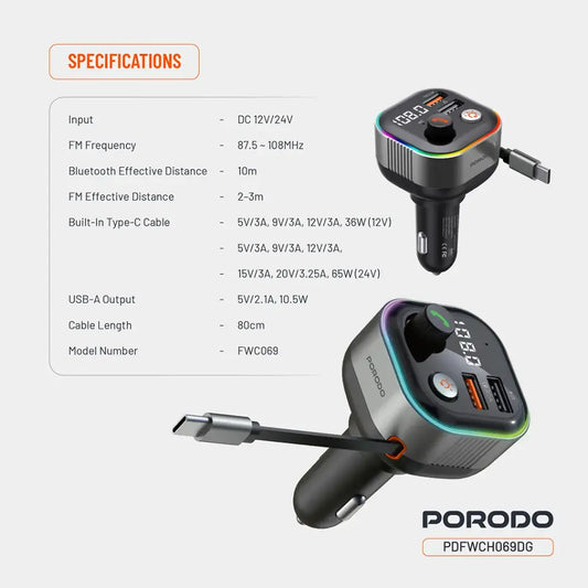 Porodo Audio Boost Bluetooth FM Transmitter - Dark Gray