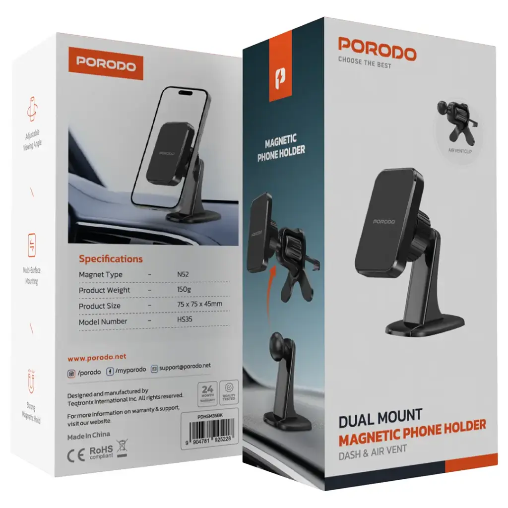 Porodo Dual Mount Magnetic Phone Holder - Black