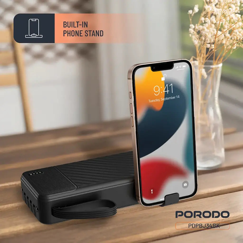 Porodo Piano 20000mAh Power Bank with Integrated Cables - Black