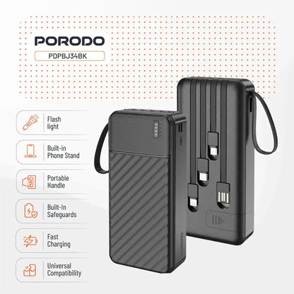 Porodo Piano 20000mAh Power Bank with Integrated Cables - Black