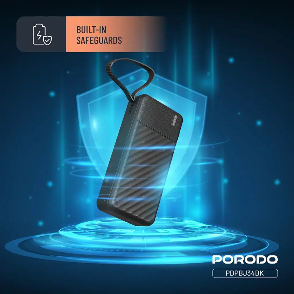 Porodo Piano 20000mAh Power Bank with Integrated Cables - Black