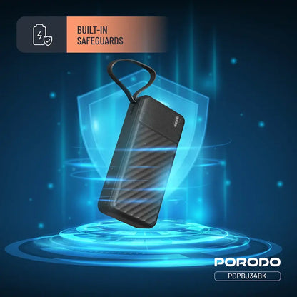 Porodo Piano 20000mAh Power Bank with Integrated Cables - Black