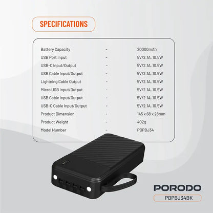 Porodo Piano 20000mAh Power Bank with Integrated Cables - Black