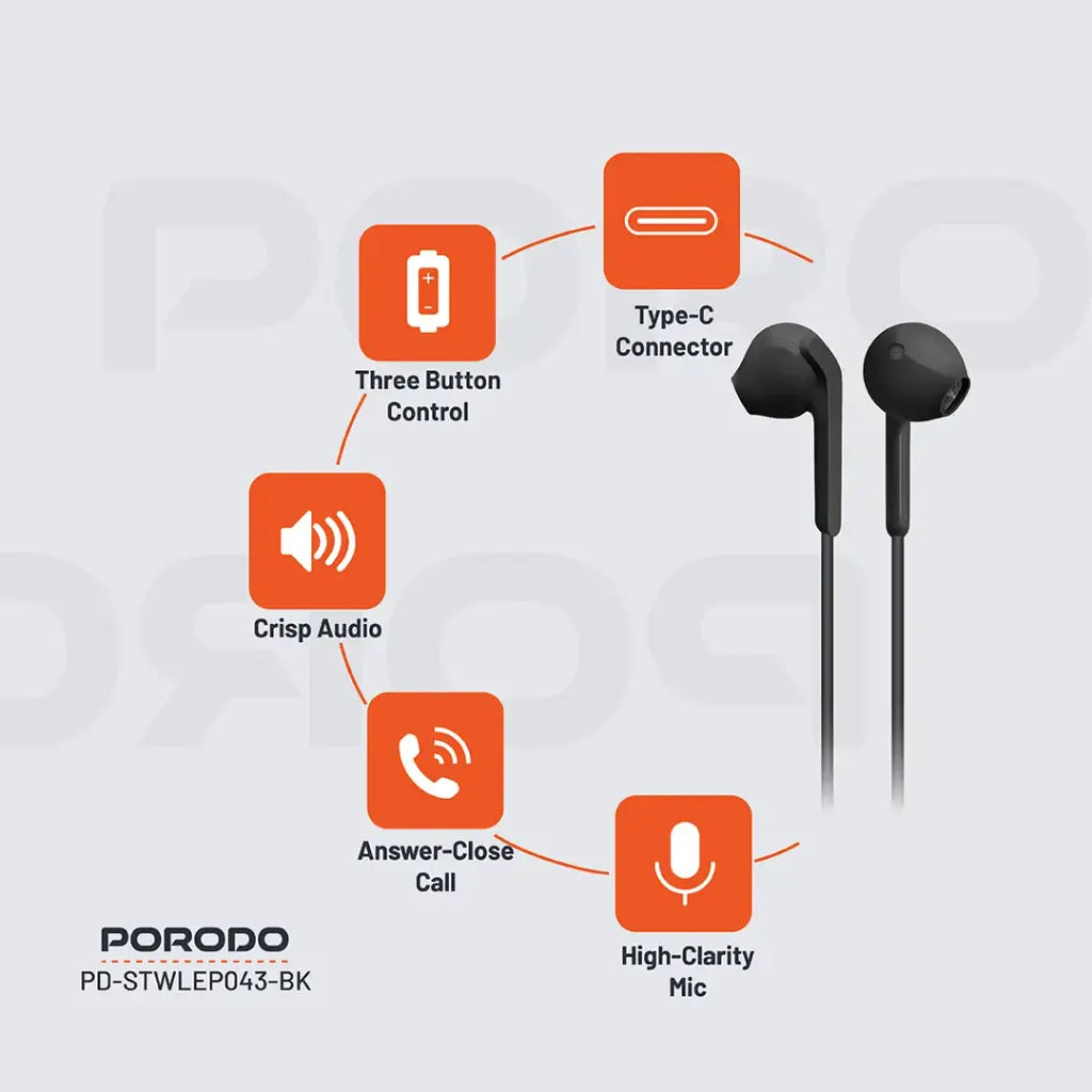 Porodo Soundtec Stereo Earphones 1.2m - Black