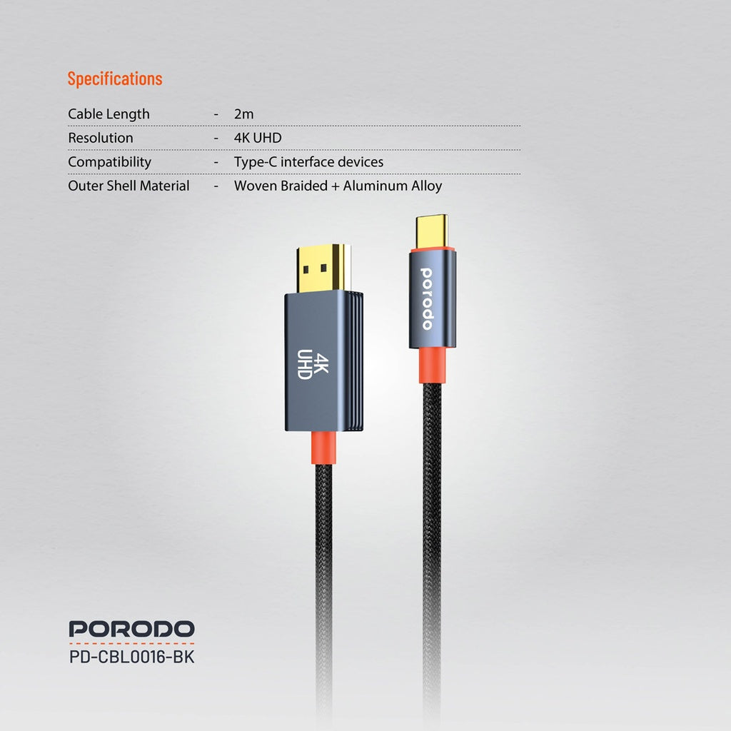 Porodo Woven Cable Type-C to HDMI - Black