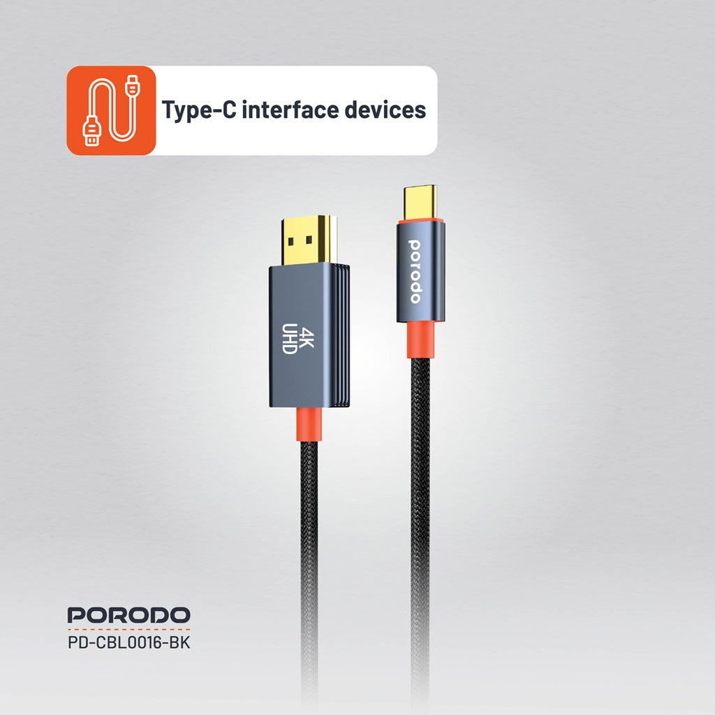 Porodo Woven Cable Type-C to HDMI - Black