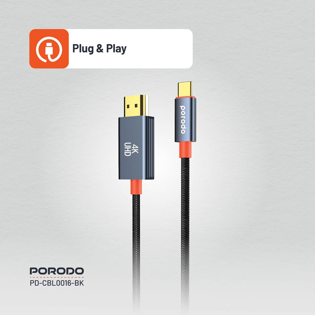 Porodo Woven Cable Type-C to HDMI - Black