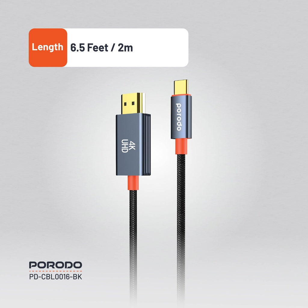 Porodo Woven Cable Type-C to HDMI - Black