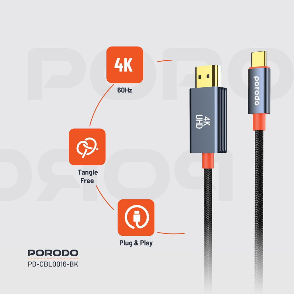 Porodo Woven Cable Type-C to HDMI - Black