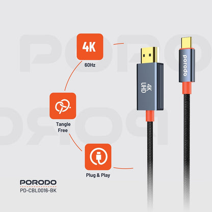 Porodo Woven Cable Type-C to HDMI - Black