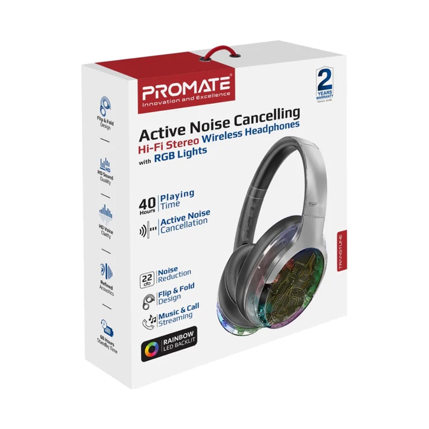 PROMATE WIRELESS HEADPHONES WITH RGB LIGHTS&NOISE-CANCELLING