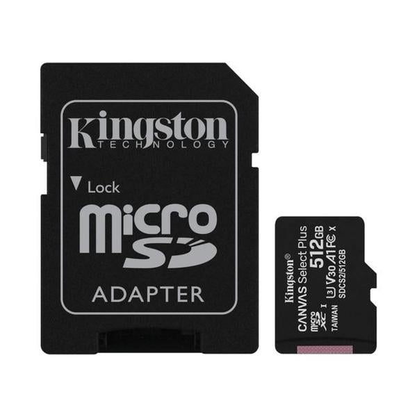 Kingston 512GB microSDXC Canvas Select Plus microSD Memory Card V30 Speed 150MB/s Read A1 Including SD Adapter - SDCS3/512GB, with 5 Years Official Warranty