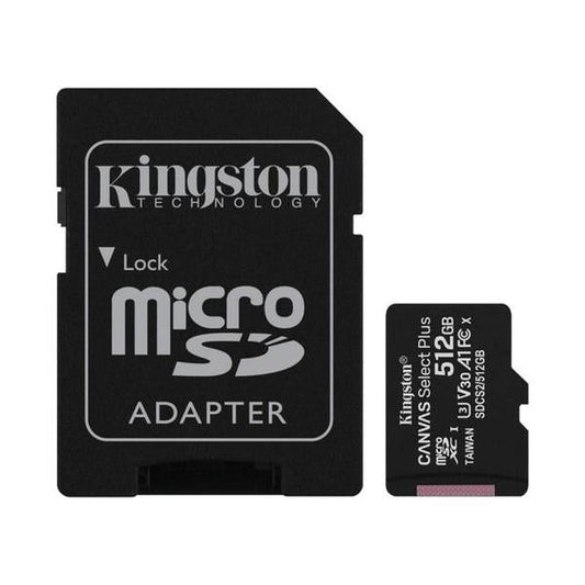 Kingston 512GB microSDXC Canvas Select Plus microSD Memory Card V30 Speed 150MB/s Read A1 Including SD Adapter - SDCS3/512GB, with 5 Years Official Warranty