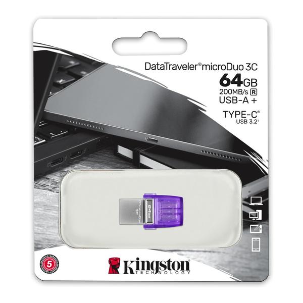 Kingston DataTraveler microDuo 3C USB Flash Drive 64GB USB Gen 3 OTG Type-C to USB Type-A - DTDUO3CG3/64GB, 5 Years Official Warranty